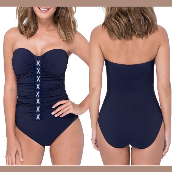 NEW $128 Profile by Gottex Lace-Up Strapless One-Piece Swimsuit Navy [ 10 ]‎ - Picture 1 of 12